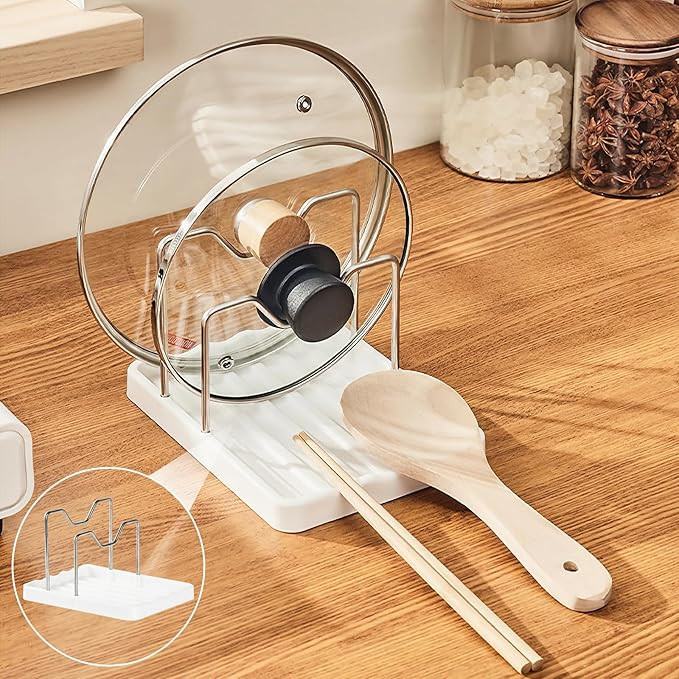 Spoon Rest with Pot Lid Holder - Pot Lid Organizer with 2 Racks, Lid and Spoon Rest for Kitchen C... | Amazon (US)