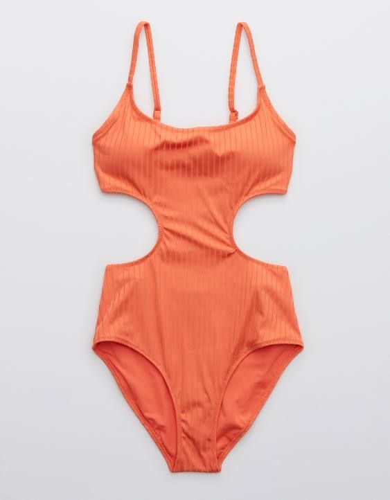 Aerie Ribbed Shine Side Scoop One Piece Swimsuit | American Eagle Outfitters (US & CA)