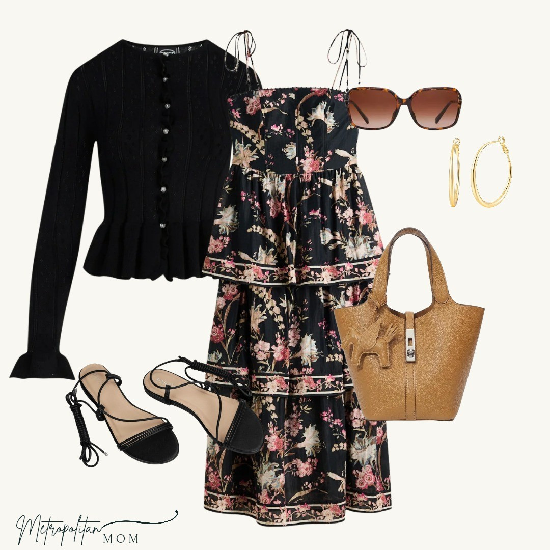 Florals with Edge 🖤 A tiered black floral maxi paired with a black cardigan with gold buttons, lace-up gladiator flats, and warm brown accessories for a look that feels feminine, classic, and a little dramatic in the best way.An easy dress that looks like you tried.

#LTKOver40 #LTKmomlife #LTKootd