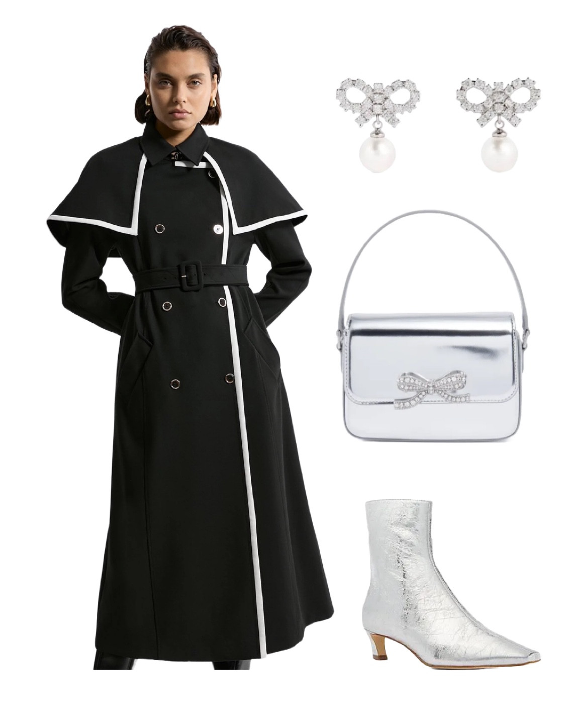 Happy New Year! Partner this stunning Karen Millen monochrome cape belted coat in black and white ON SALE with Self Portrait’s adorable bow earrings and silver bow handbag (also on sale) with these fab silver ankle boots by Michael Kors which are now a steal in the winter / January sale!!! 🖤🤍🖤 Team Monochrome!

#LTKeurope #LTKuk #LTKWinterSale