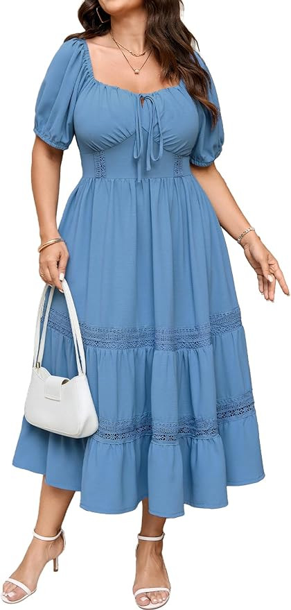 SCOMCHIC Womens Plus Size Maxi Dress Short Sleeve Square Neck Smocked Boho Wedding Guest Lace Tri... | Amazon (US)