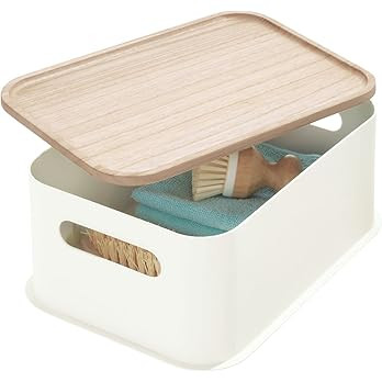 iDesign Recycled Plastic Medium Storage Bin with Paulownia Wood Lid, Coconut | Amazon (US)