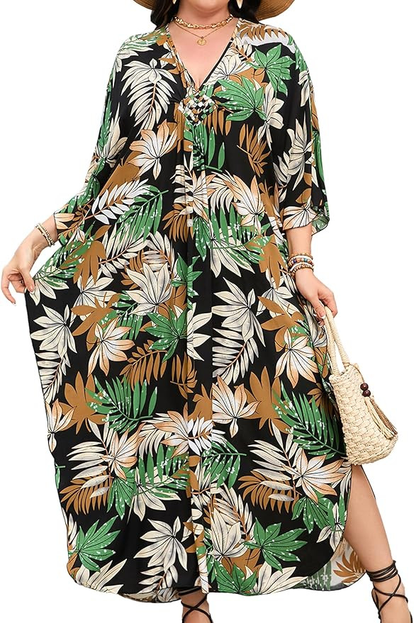 Women's Plus Size Tropical Kaftan Dress V-Neck Beach Cover Up for Swimsuit, Hawaiian Vacation Caf... | Amazon (US)
