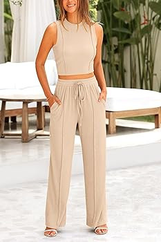 Pretty Garden Womens 2 Piece Summer Ribbed Knit Sleeveless Crop Tank Tops Wide Leg Casual Pants | Amazon (US)