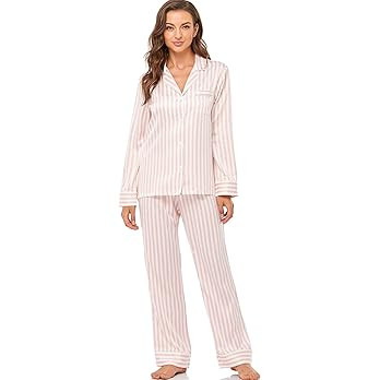 Serenedelicacy Women's Satin Pajama Set Long Sleeve Button Down Sleepwear 2-Piece Striped Silky P... | Amazon (US)
