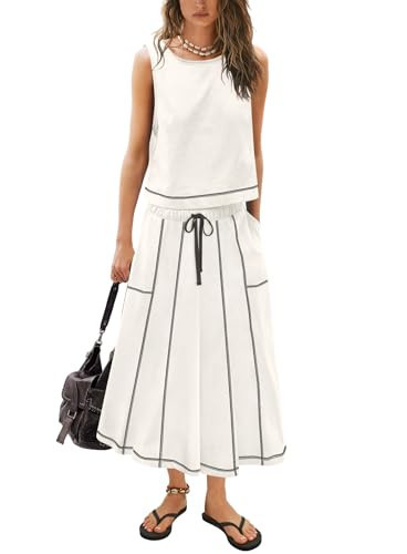 Yanekop Womens Skirt Sets 2 Piece Outfits Casual Summer Sets Vacation Matching Lounge Set Midi Skirt and Top Set 2025(White,S) | Amazon (US)
