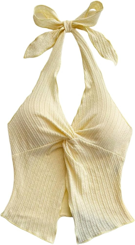 MakeMeChic Women's Halter Tops Slit Twist Front Backless Cute Summer Tank Top | Amazon (US)