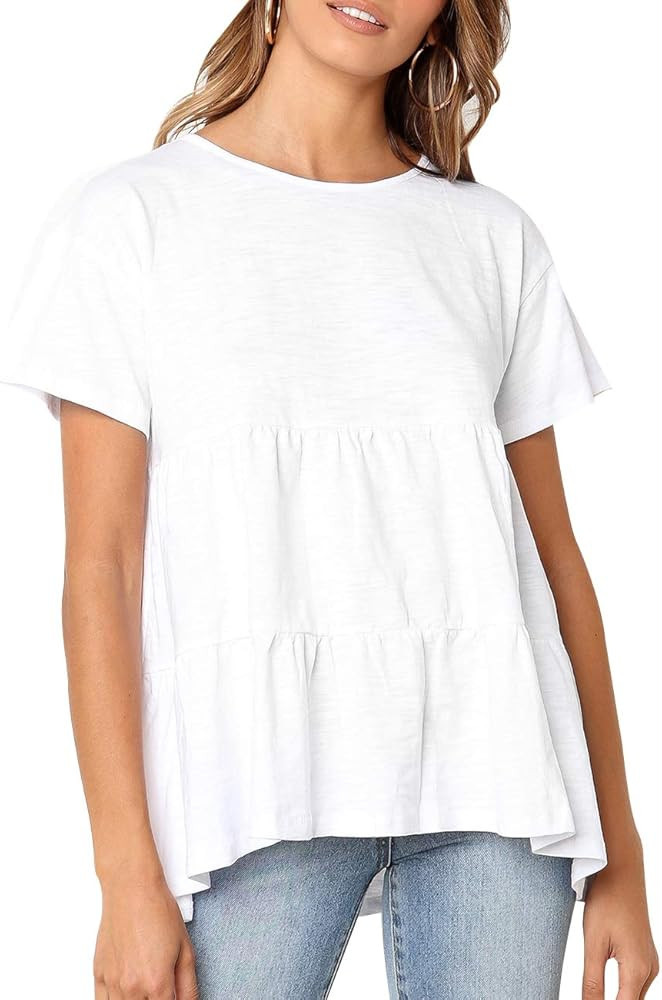 Defal Women's Summer Short Sleeve Loose T Shirt High Low Hem Babydoll Peplum Tops | Amazon (US)