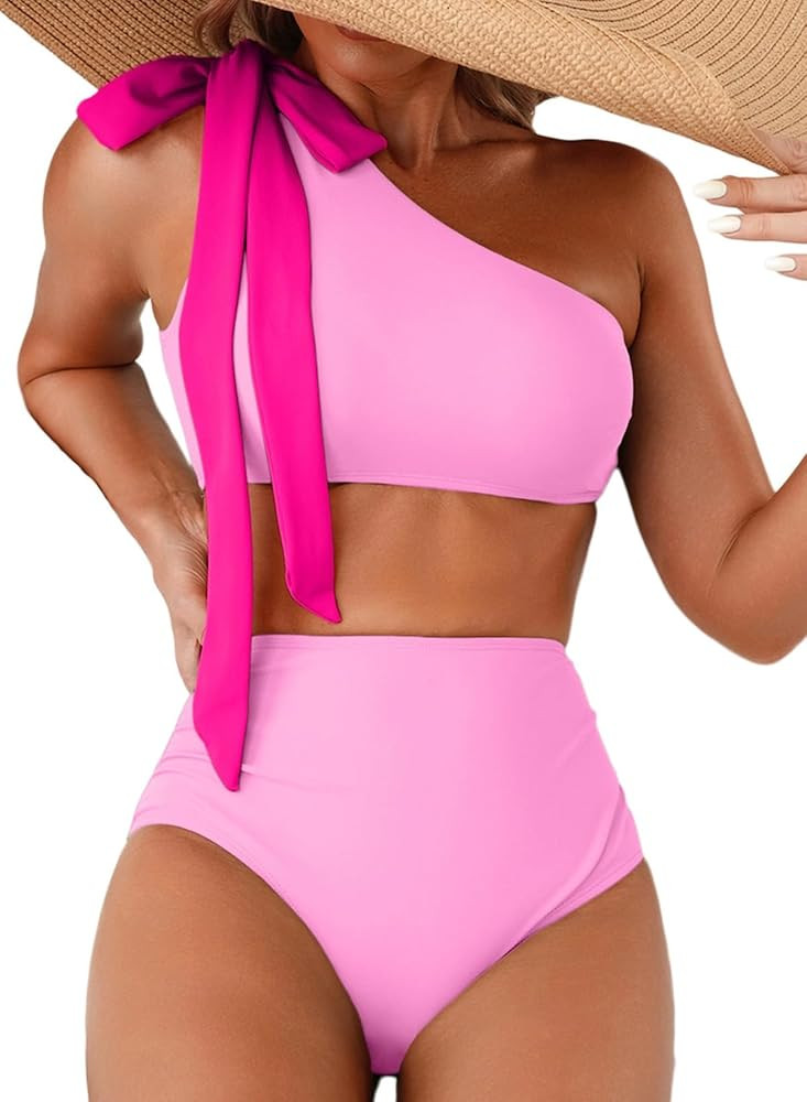 Herseas Women's One Bow Shoulder Bikini Sets 2 Piece Ruched Swimsuit Elegant Bathing Suit | Amazon (US)