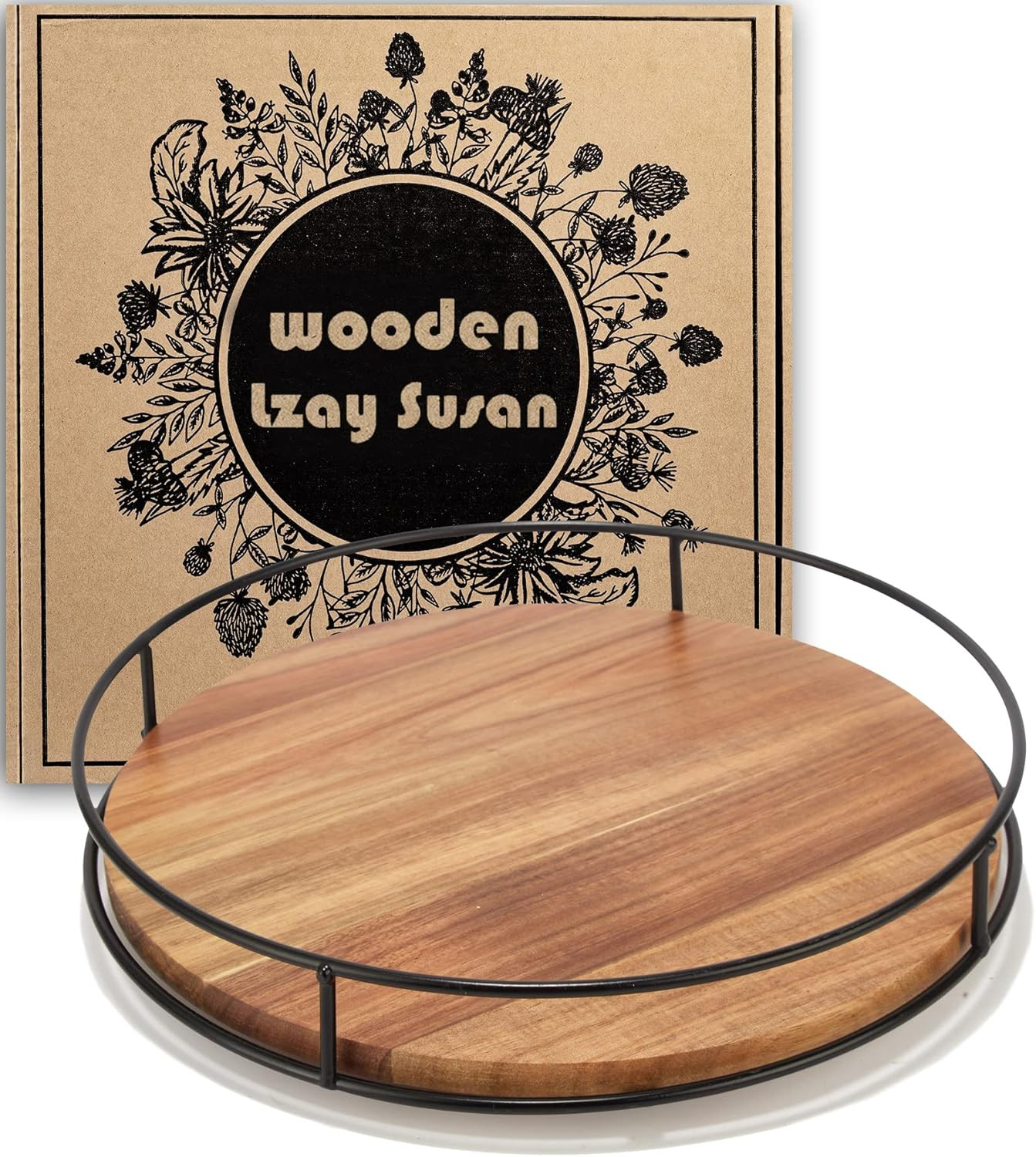 12" Acacia Wood Lazy Susan Turntable, Tomoaza Kitchen Organizer Turntable with Steel Sides, 360 D... | Amazon (US)