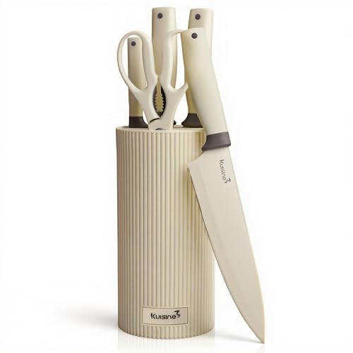 KUISINE Upgraded Sharp Chef Knife Set,High Carbon Stainless Steel Ergonomic Handle Knife Set with 3-hole Bottom Block,Easy to Drain and Clean(Ivory Silver Pro,6PCS) | Amazon (US)