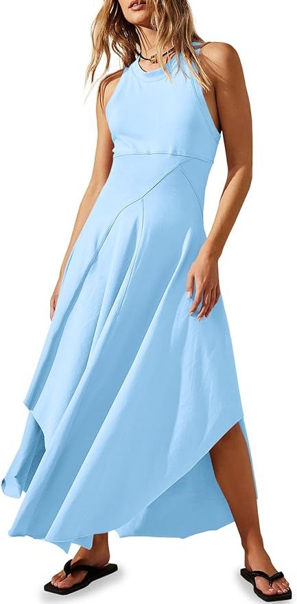 Fisoew Womens Summer Sleeveless Maxi Dress Asymmetrical Hem Crew Neck High Waist A Line Flowy Cas... | Amazon (US)