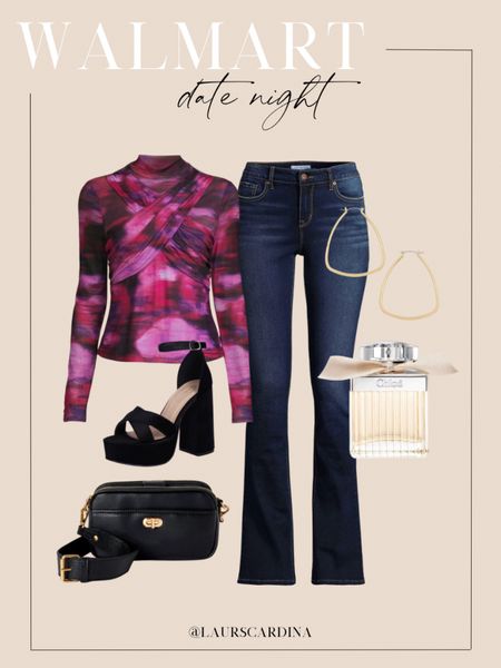 This Walmart date night includes a long sleeve mesh colorful top paired with flare jeans, platform heels, a crossbody bag, gold hoops, and Chloé perfume. 

Ootd, outfit inspiration, fall fashion, Walmart fashion, Walmart style 

#LTKstyletip #LTKshoecrush #LTKfindsunder50
