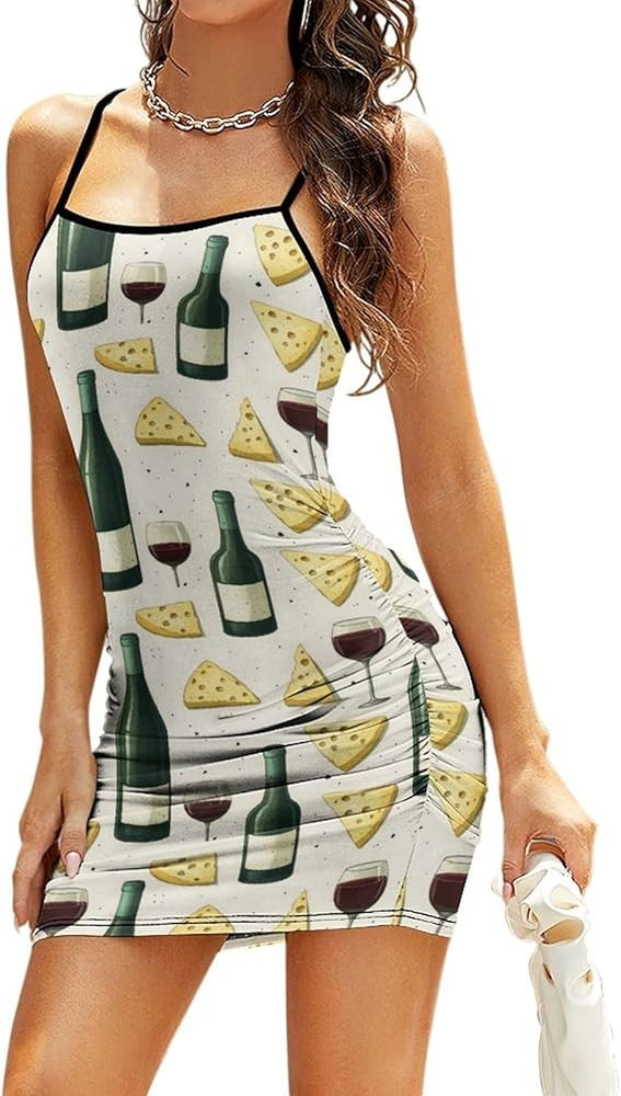 Red Wine Cheese Print Bodycon Mini Dresses for Women, Summer Backless Going Out Party Club Short ... | Amazon (US)