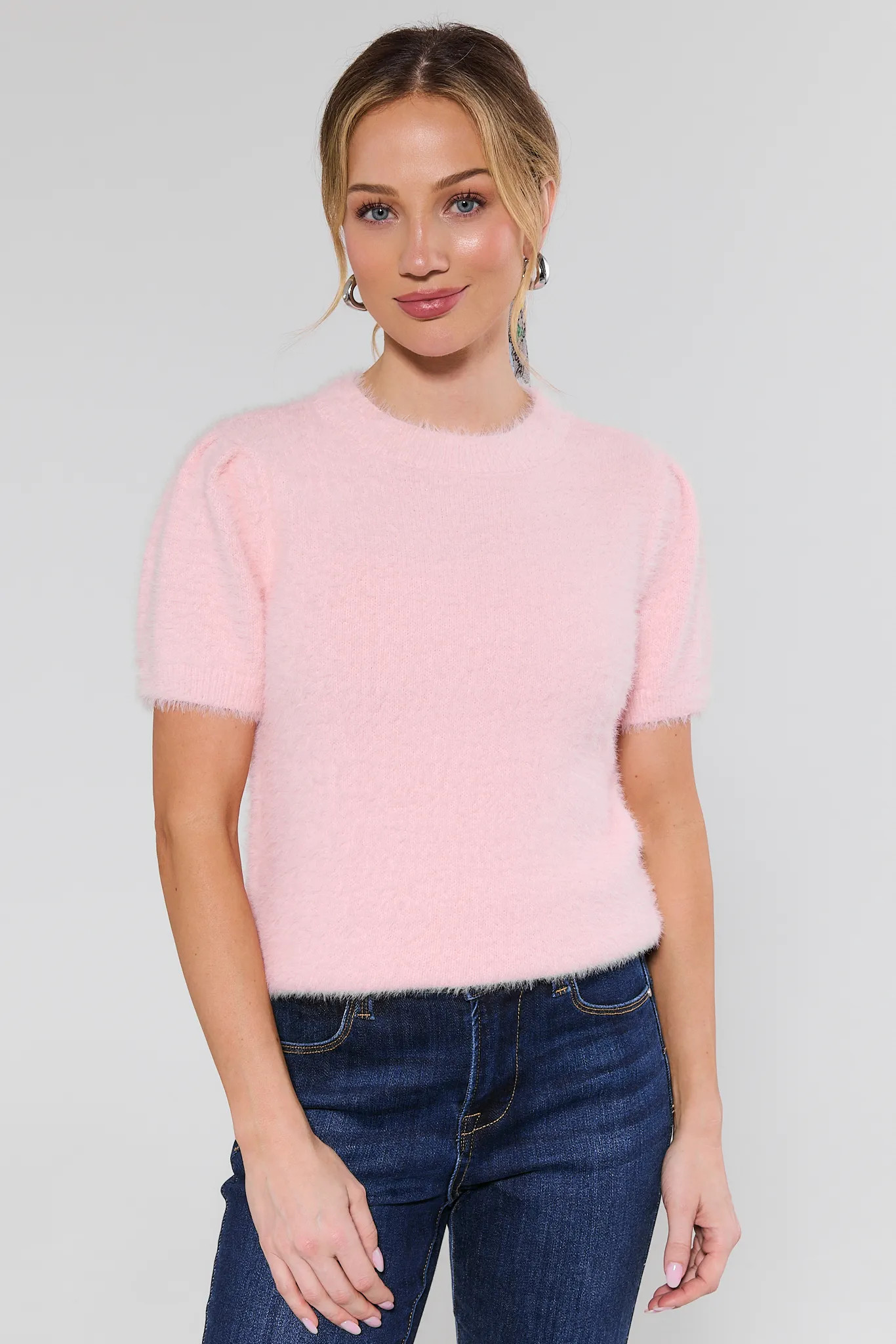Lettie Pink Fuzzy Short Sleeve Sweater | Avara