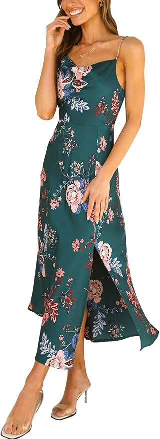 Women's Sleeveless Spaghetti Strap Satin Wedding Guest Party Dress Cocktail Evening Cowl Neck Bac... | Amazon (US)