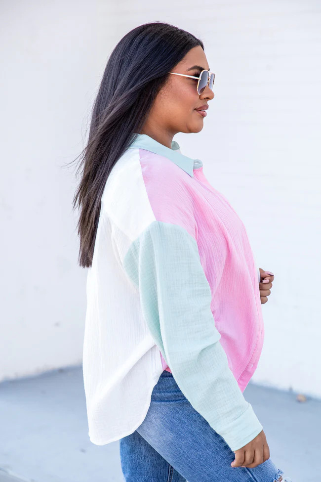 Just So You Know Sage And Pink Colorblock Button Up Gauze Blouse | Pink Lily