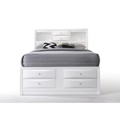 Queen White Storage Bed, Rectangular Bookcase Headboard, 8 Drawers, Center Metal Glide Drawer Mechanism, Platform Panels Slats | Wayfair North America