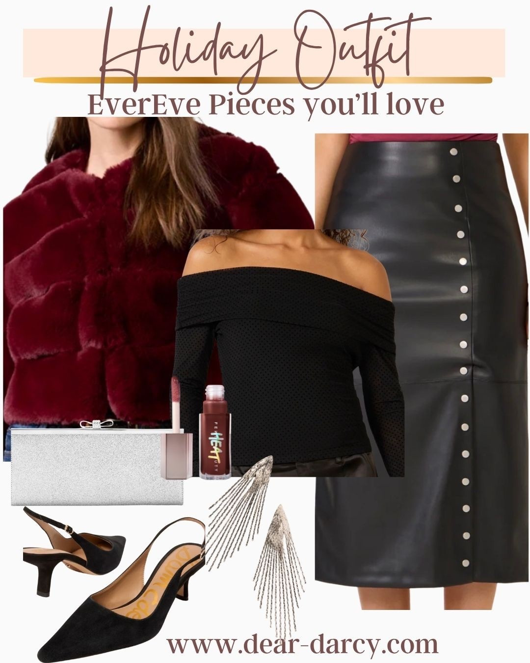 Holiday outfit inspo

Everyeve New arrivals perfect for Thanksgiving if you like to dress up, the holiday parties, socials and events 

Studd detail faux Leather skirt 

Off the shoulder sweater,
So soft 

Sam Edelman pumps lower heel 

This fabulous  wine colored faux fur jacket 

Silver clutch and silver statement earrings 

Fenty beauty heat lip plumper in a pretty wine color perfect for the holidays



#LTKParties #LTKStyleTip #LTKHoliday