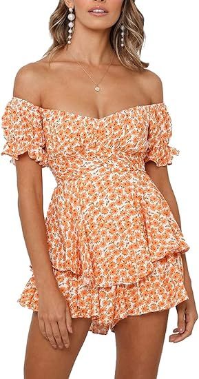 Linsery Women Boho Off Shoulder Romper Floral Print Tie Back Ruffle Hem Chiffon Short Jumpsuit | Amazon (US)