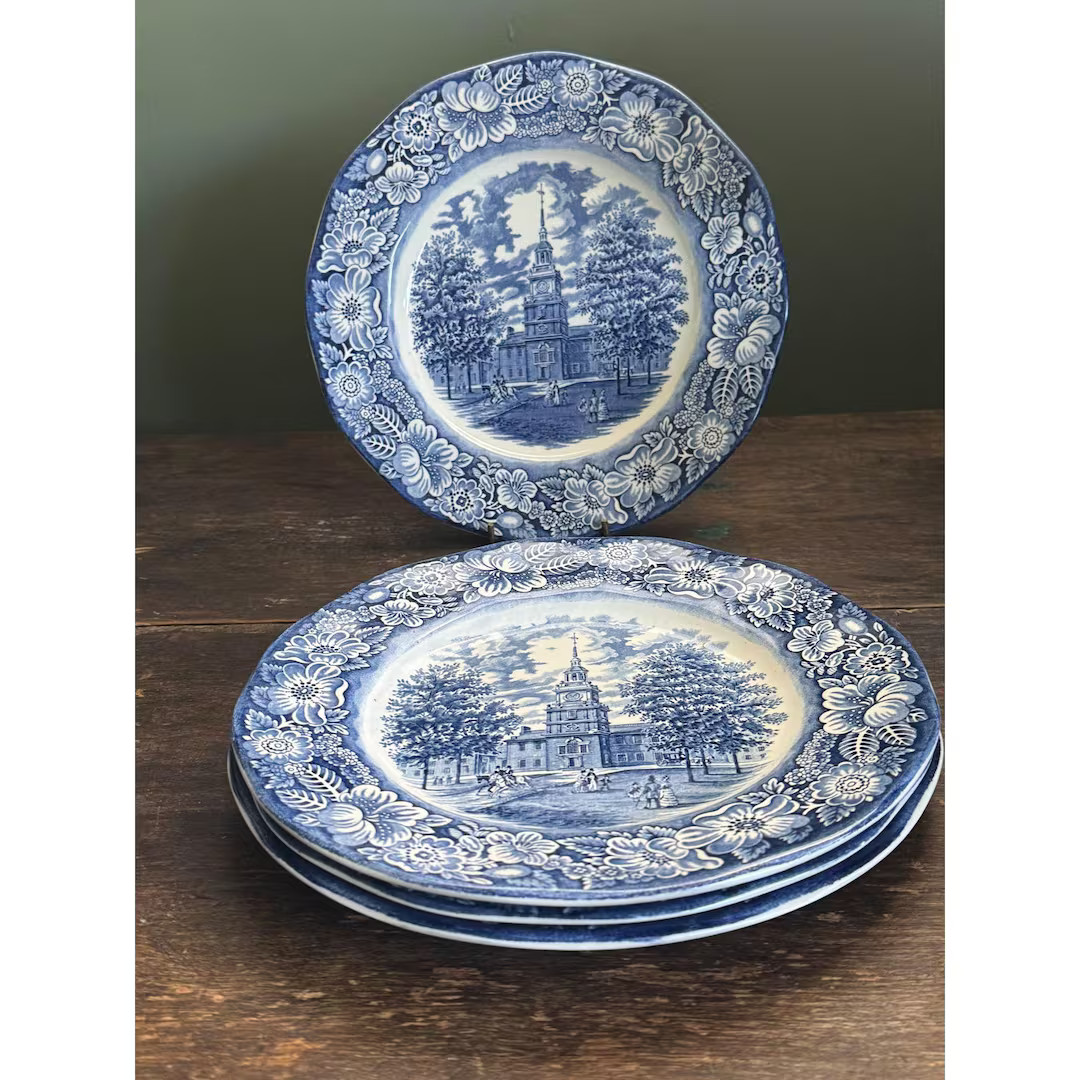 Four Liberty Blue Staffordshire Ironstone Blue & White Dinner Plates - Etsy | Etsy (US)
