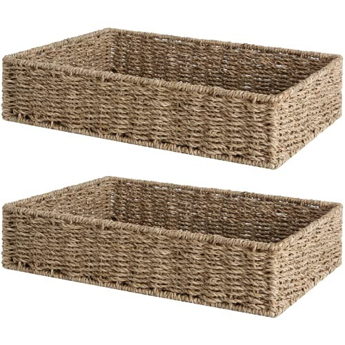 StorageWorks Large Seagrass Tray for Bathroom, Seagrass Storage Baskets for Shelves, Handwoven Natural Wicker Baskets for Organizing, 2-Pack | Amazon (US)