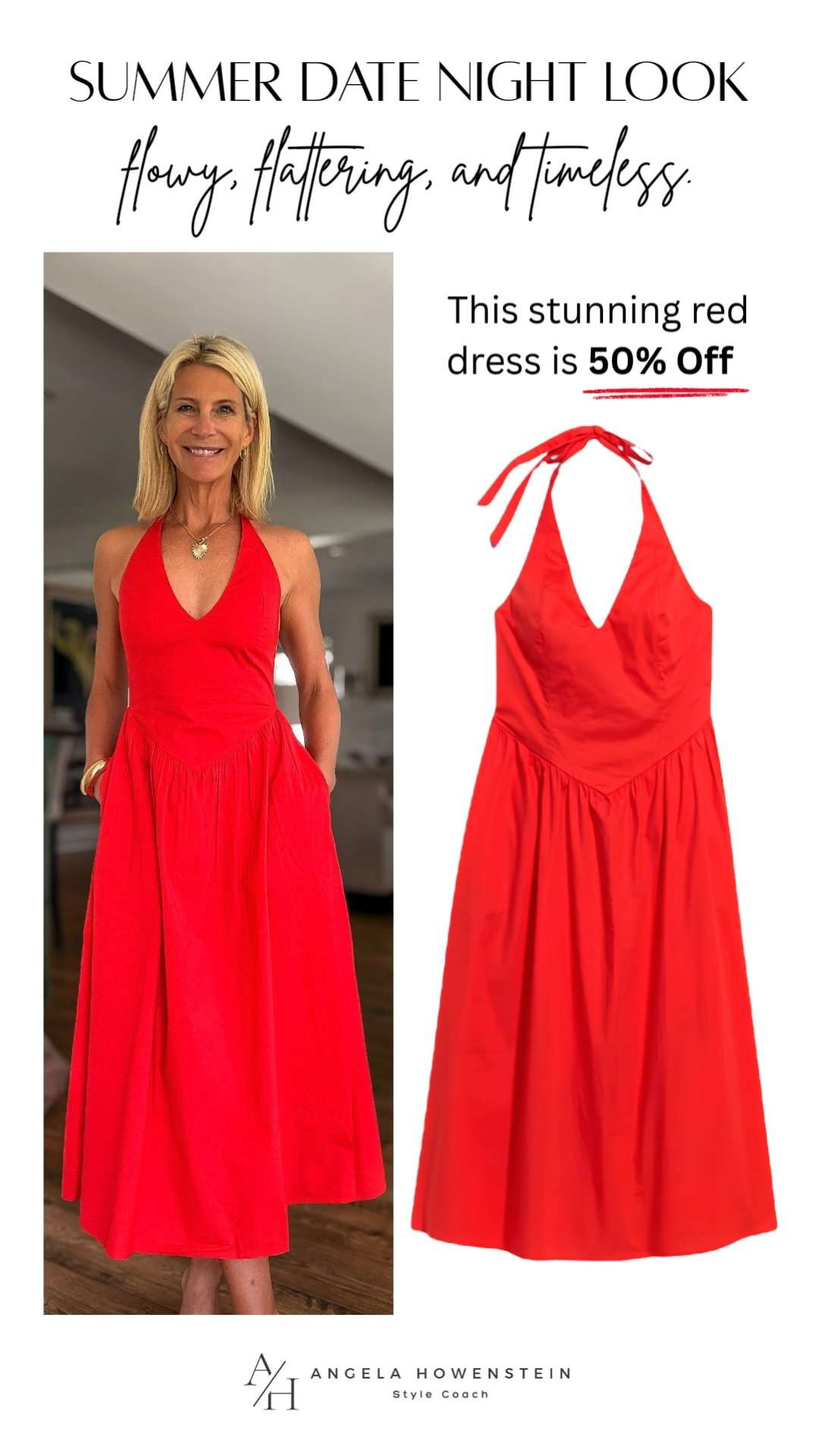 This flowy red halter dress is flattering, timeless, and perfect for vacation dinners, summer parties, beach getaways, weddings, and special occasions. 

 #LTKootd #LTKOver40 #LTKSaleAlert
