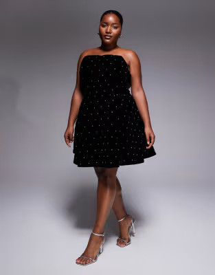 ASOS LUXE Curve quilted velvet mini dress with diamante details in black | ASOS (Global)