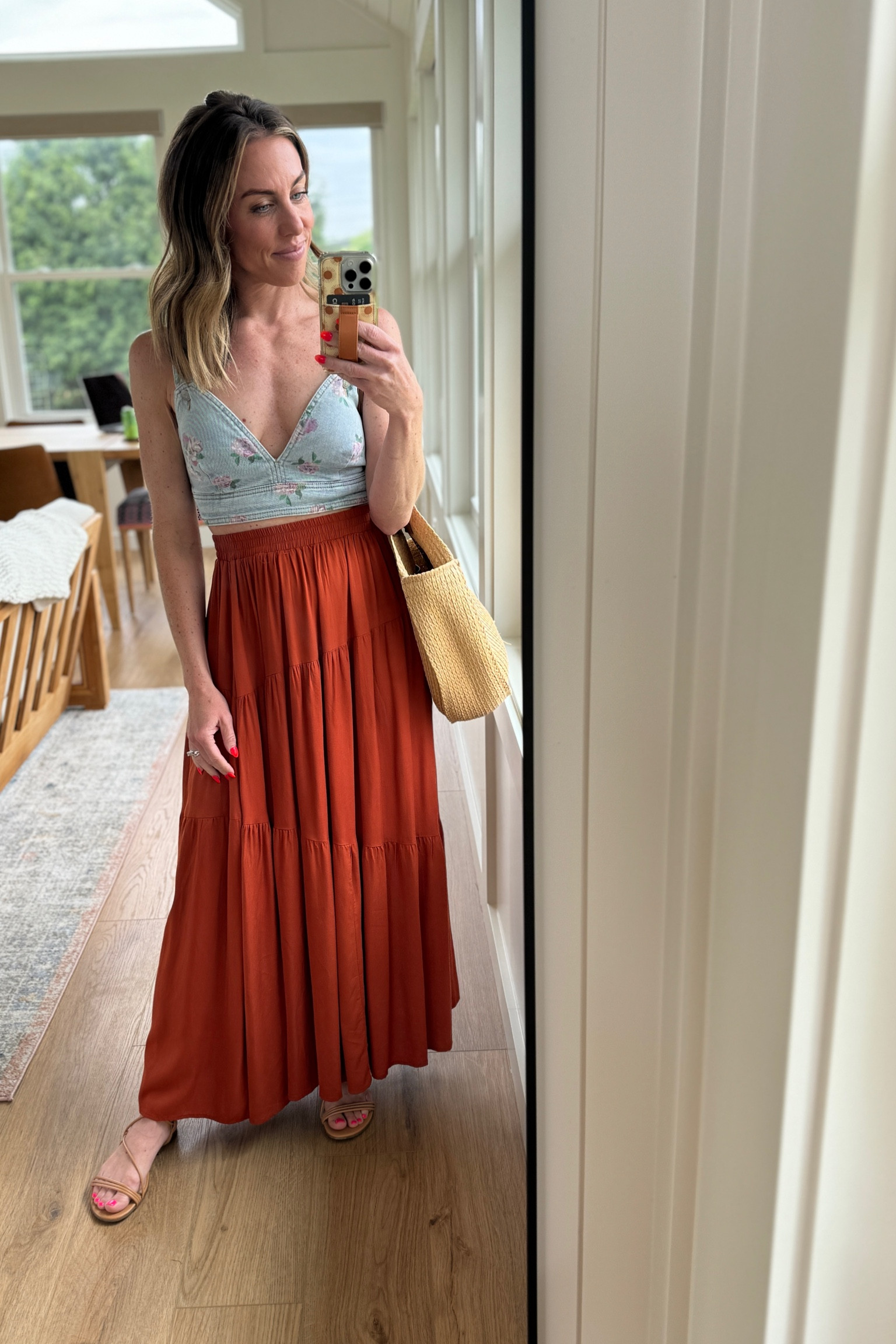 Size down in top. In an xxs here.
Skirt: small 
Sandals fit TTS 

#LTKFindsUnder50 #LTKSaleAlert