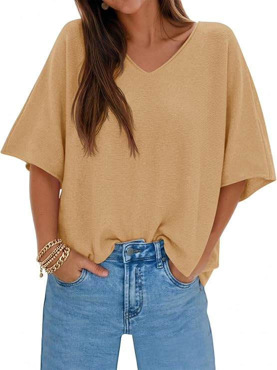 Saodimallsu Womens Short Sleeve Sweater Summer Oversized V Neck Knitted Pullover Trendy Casual To... | Amazon (US)