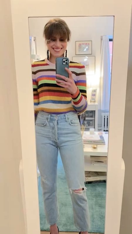 Fall outfits: striped rainbow sweater with 90s mom jeans, statement earrings & black pumps! *Use code ALISON40 for $40 off first pair of heels #falloutfit #falloutfits #sweater #stripedsweater #pumps 

#LTKstyletip #LTKSeasonal #LTKshoecrush
