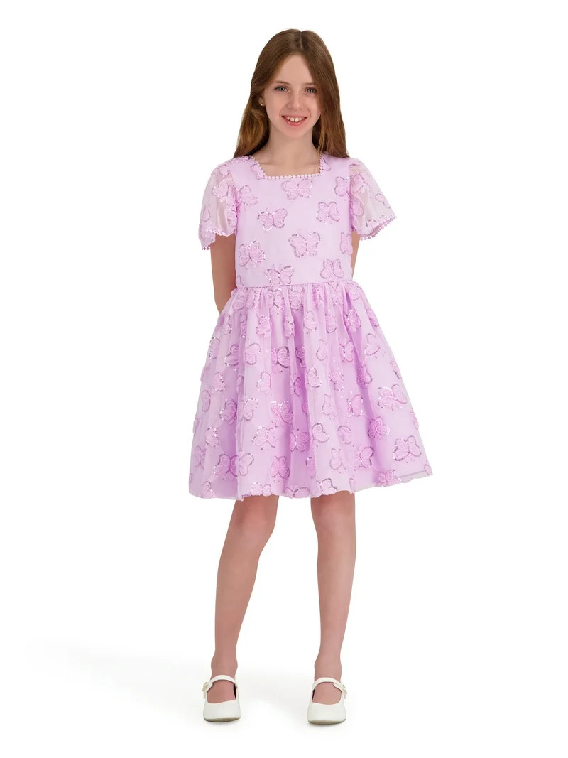 Kensie Girl Cap Sleeve Sequin Butterfly Soutache Mesh Dress, Sizes 4-16 | Walmart (US)