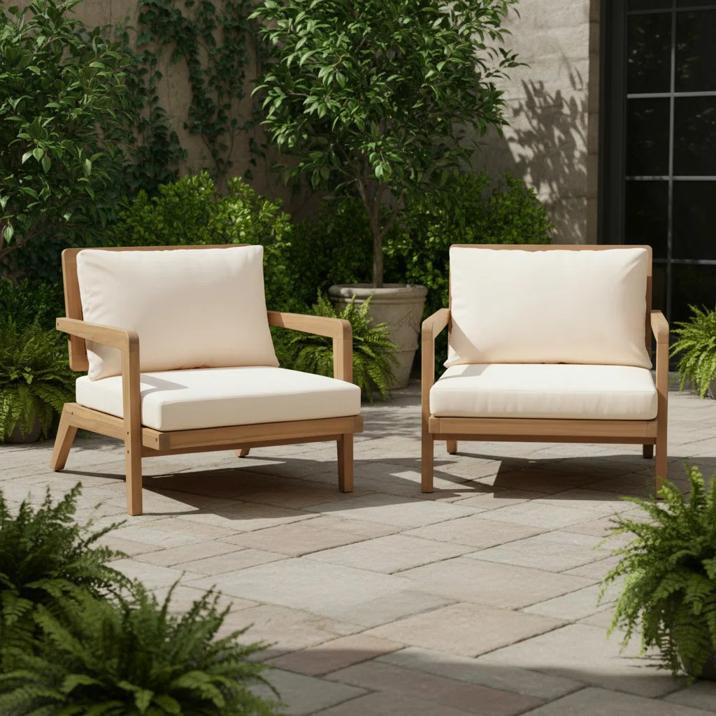 Dax Outdoor Acacia Wood Lounge Chair with Wicker Backrest & Cushions (Set of 2) | Wayfair North America