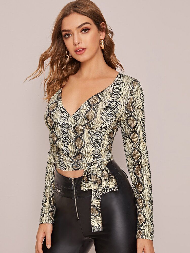 Snakeskin Fitted Tie Front Wrap Top | SHEIN