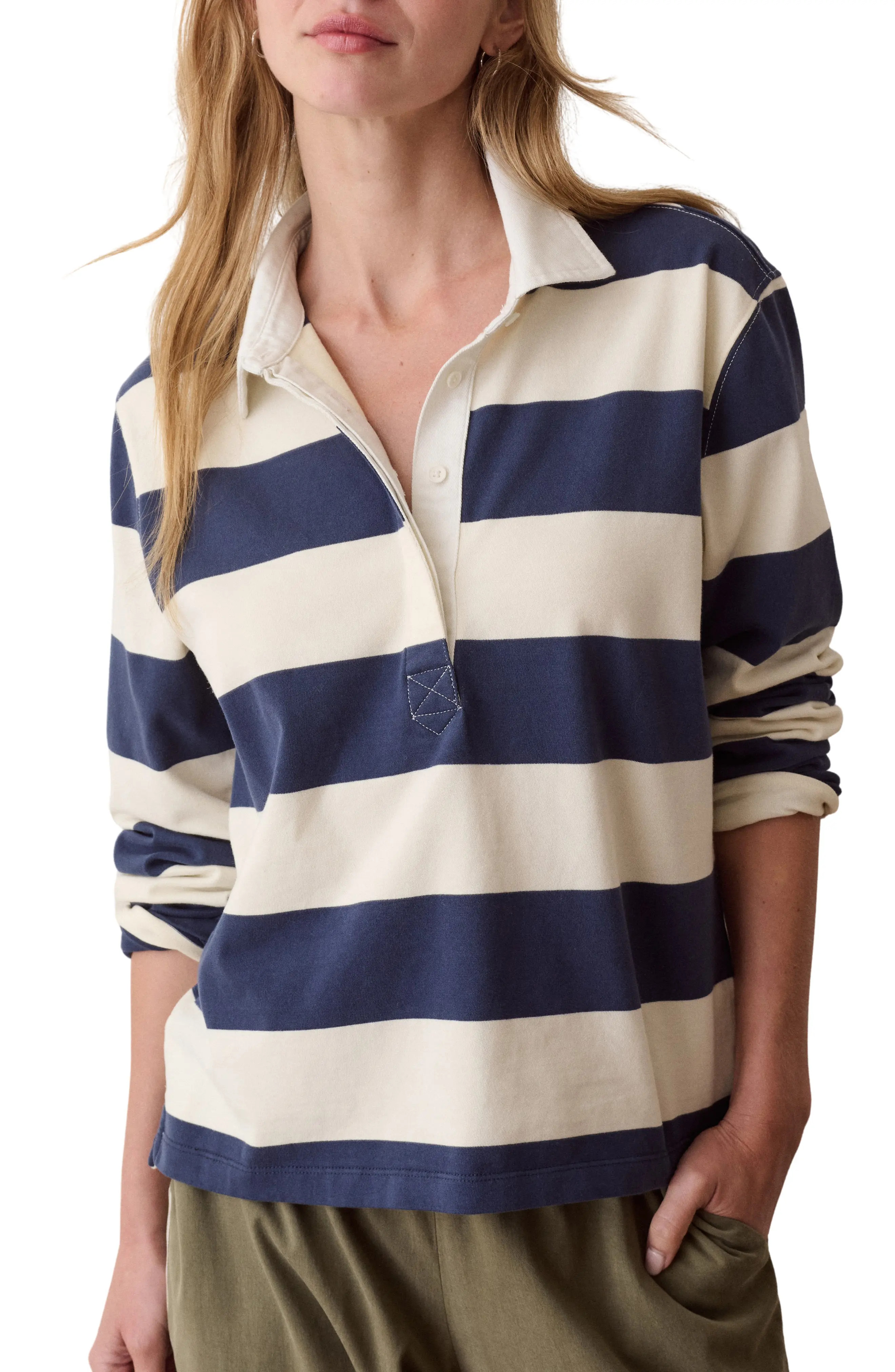 Marine Layer Miracle Jersey Stripe Rugby Polo in Navy And Cream at Nordstrom, Size Medium | Nordstrom