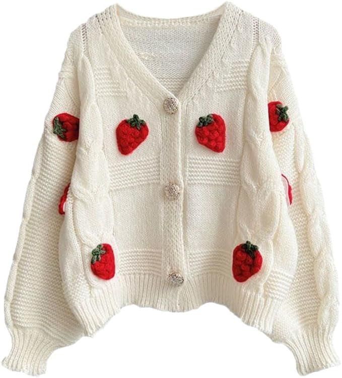Womens Kawaii Strawberry Knit Cropped Sweater Cute Cardigan Aesthetic for Teen Girls Floral Y2k K... | Amazon (US)