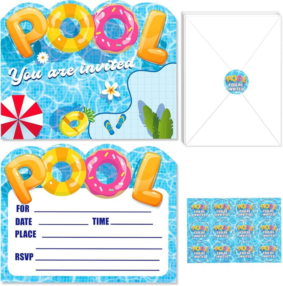 24 Pack Pool Party Invitations with Envelopes and Sticker, Summer Pool Birthday Party Invitation ... | Amazon (US)