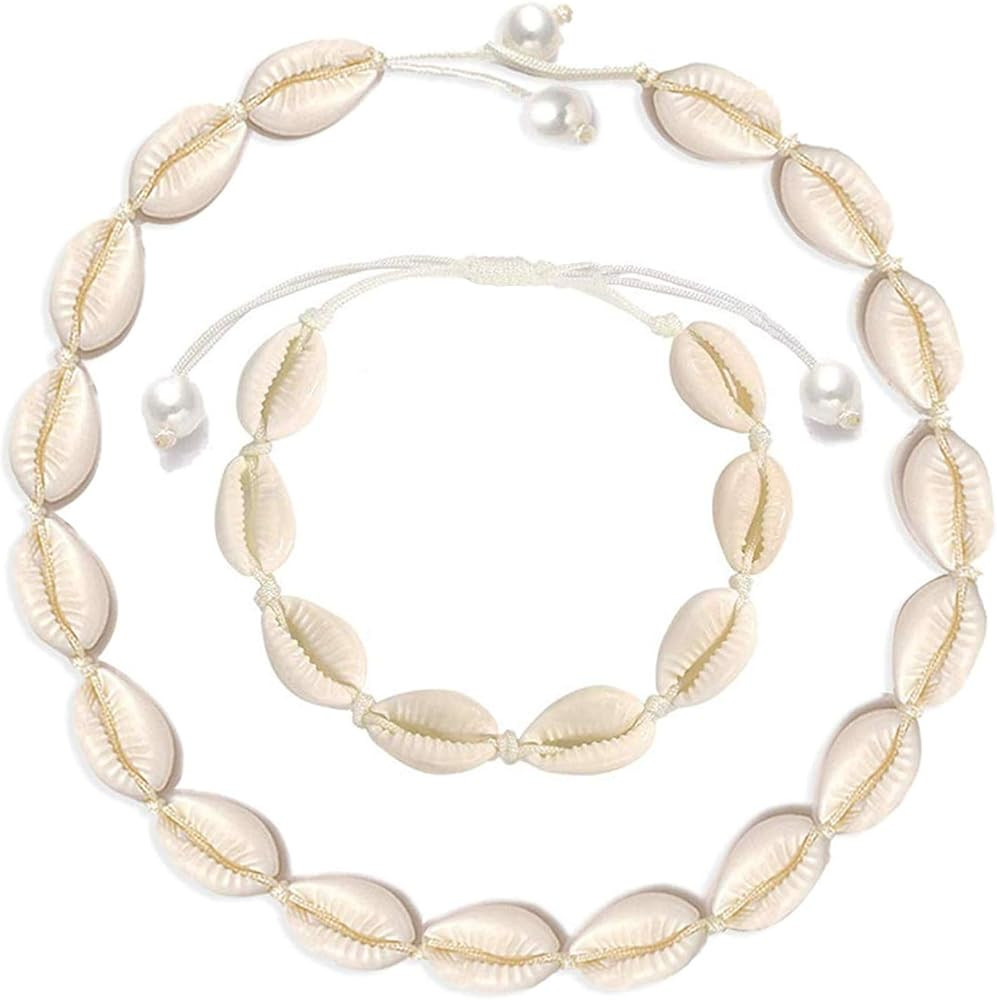 Natural Shell Necklace Bracelet Anklet Set, Handmade Adjustable Pearl Buckle Summer Boho Hawaii B... | Amazon (US)