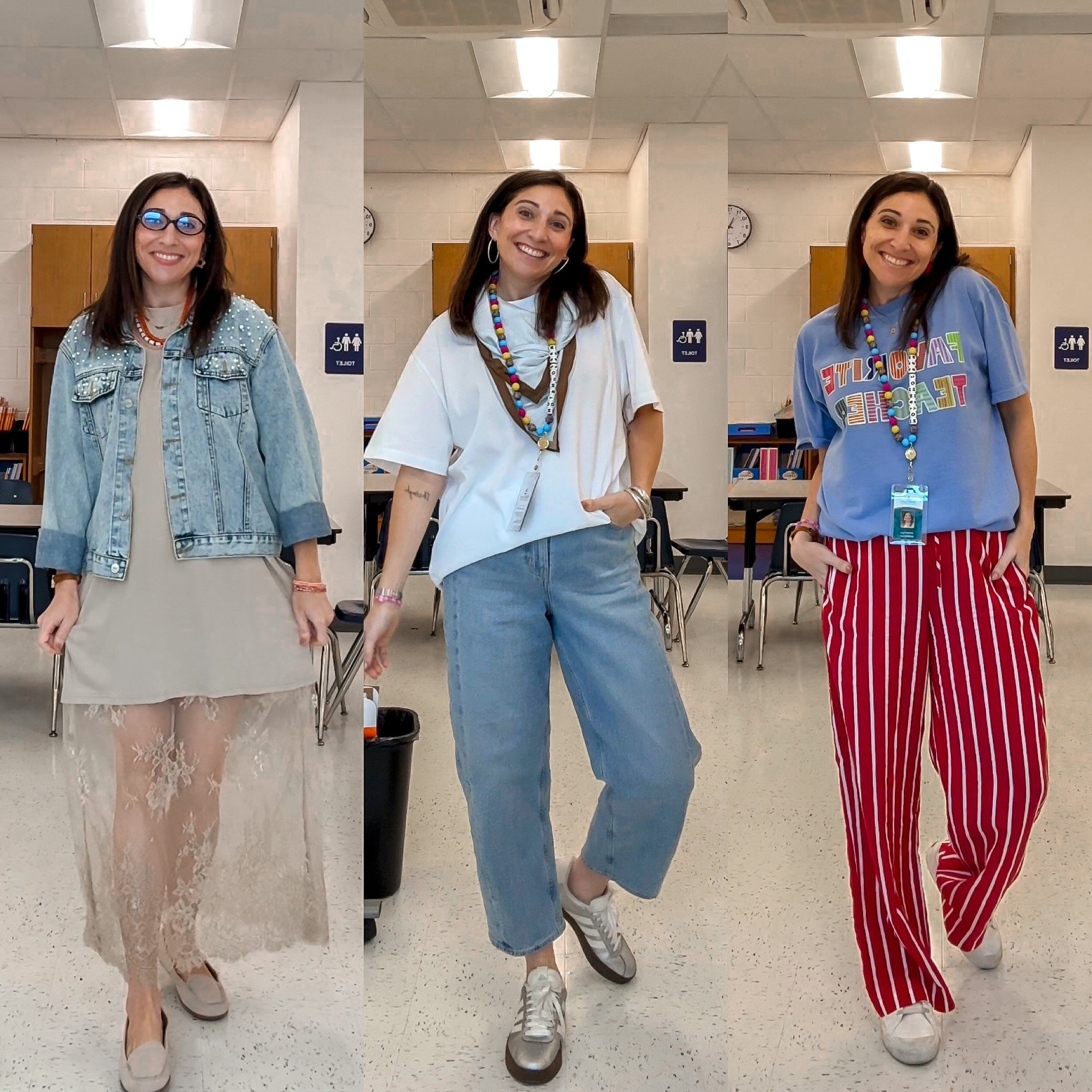 What I wore last week as a part time intervention teacher! It was a short week for me since I headed to London Friday but here’s the looks from T, W, and Th! 
T Shirt Lace Dress M / Denim jacket L / White tee with scarf M / Barrel jeans 10 / Favorite Teacher tee L / Striped pants M

#LTKootd #LTKOver40 #LTKWorkwear