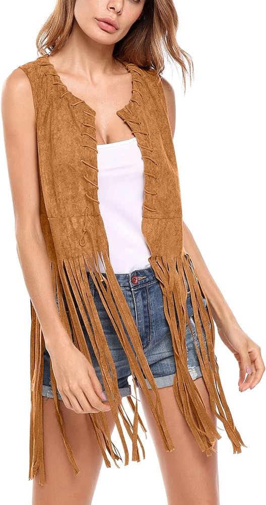 Hotouch Women Fringe Vest Faux Suede Tassels 70s Hippie Clothes Open-Front Sleeveless Vest Cardig... | Amazon (US)