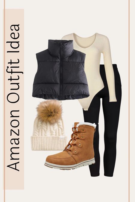 Amazon casual outfit idea! Black leggings, puffer vest, ribbed bodysuit long sleeve, brown boots, and knit ivory hat! More winter outfits on my page!

#LTKunder100 #LTKSeasonal #LTKshoecrush