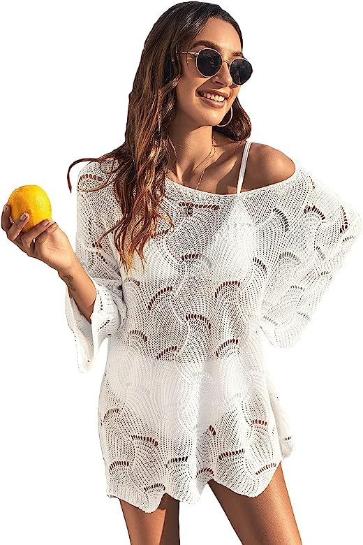 Cozyease Women's Drop Shoulder Sheer Mini Dress Hollow Out 3/4 Sleeve Swimsuit Cover Up | Amazon (US)
