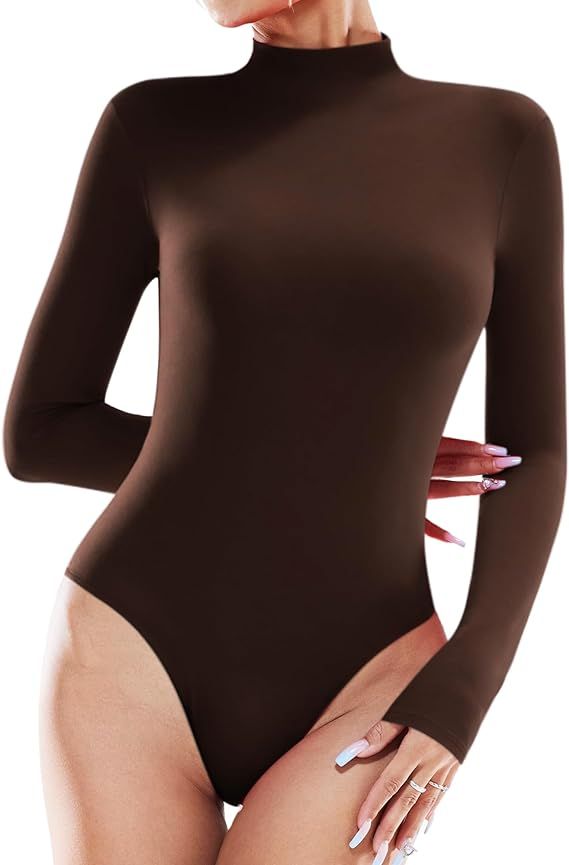 ALGALAROUND Women's Turtle Neck Bodysuit Long Sleeve Double Lined Basics Body Suit Tops | Amazon (US)