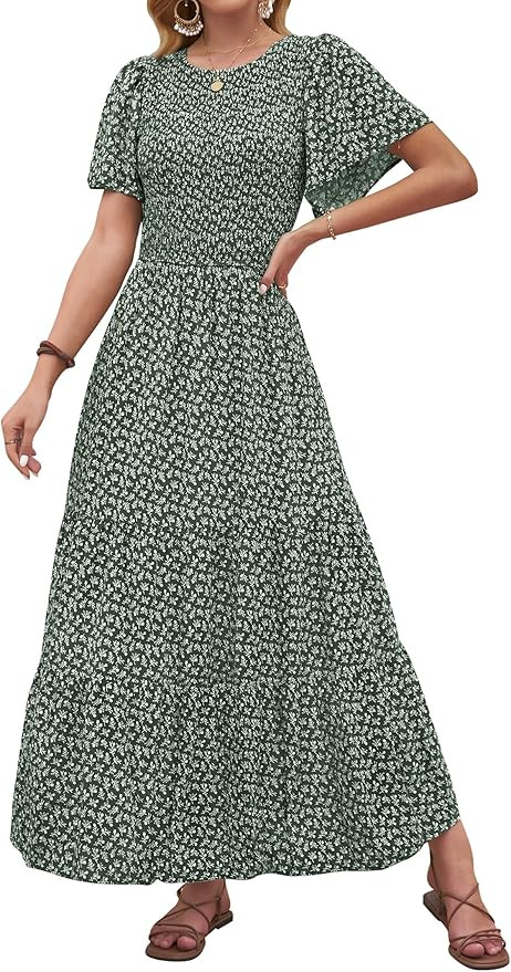 ZESICA Women's 2023 Summer Casual Floral Print Short Flutter Sleeve Crew Neck Smocked High Waist ... | Amazon (US)