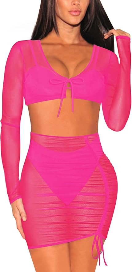 Meenew Women's Sexy Long Sleeve Sheer Mesh 2 Piece Swimsuit Beach Cover Up Dress | Amazon (US)