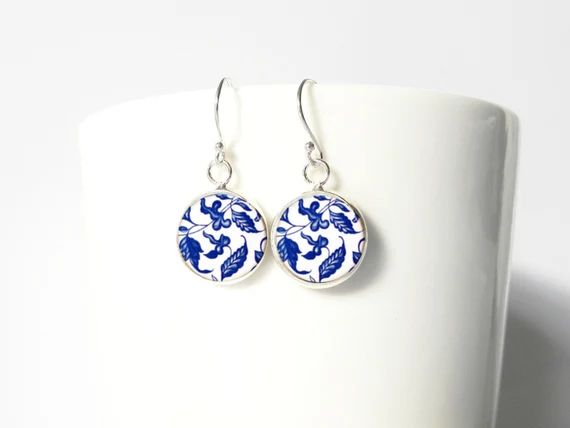 Blue and White Porcelain Ming China Pattern Sterling Silver Earrings Gift  Silver Jewelry | Etsy (US)