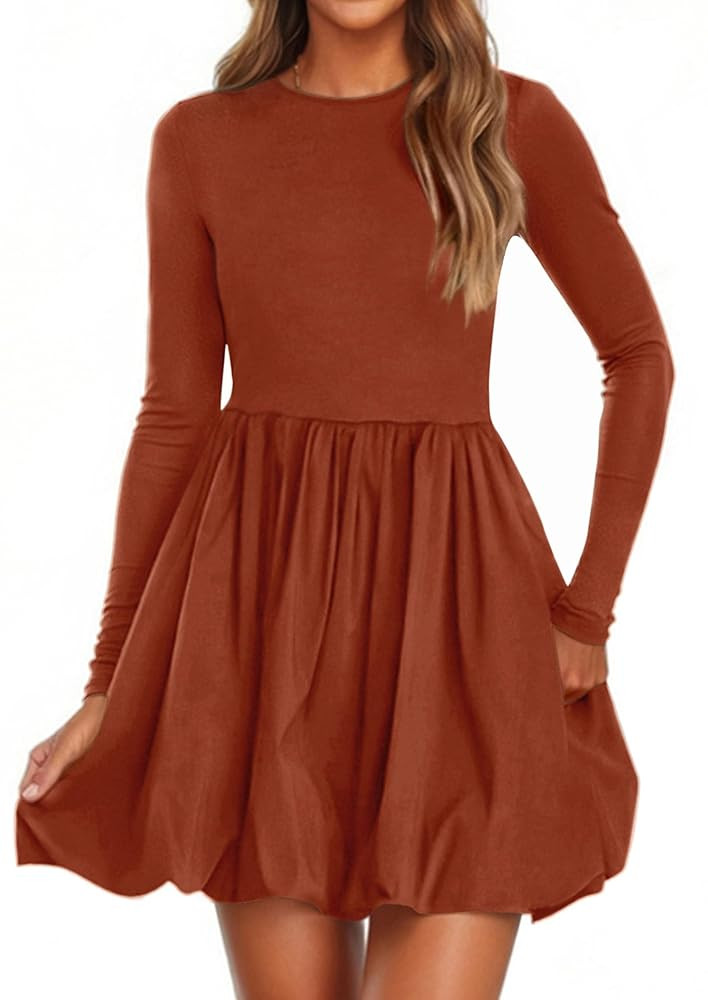 PRETTYGARDEN Fall Dresses for Women 2025 Casual Long Sleeve Bubble Cute Crew Neck A Line Mini Sho... | Amazon (US)