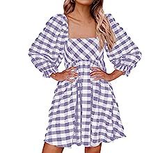 Womens Casual Square Neck 3/4 Puff Sleeve Gingham Plaid Babydoll Dress Plaid Loose Summer Mini Dr... | Amazon (US)