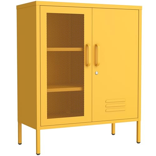 Yellow Lockable Mesh & Metal Door Storage Cabinet, 3-Tier Heavy Duty Steel Locker with 2 Adjustable Shelves, Accent Cabinet for Living Room, Home Office, 33" H x 29.5" W x 13.8" D | Amazon (US)