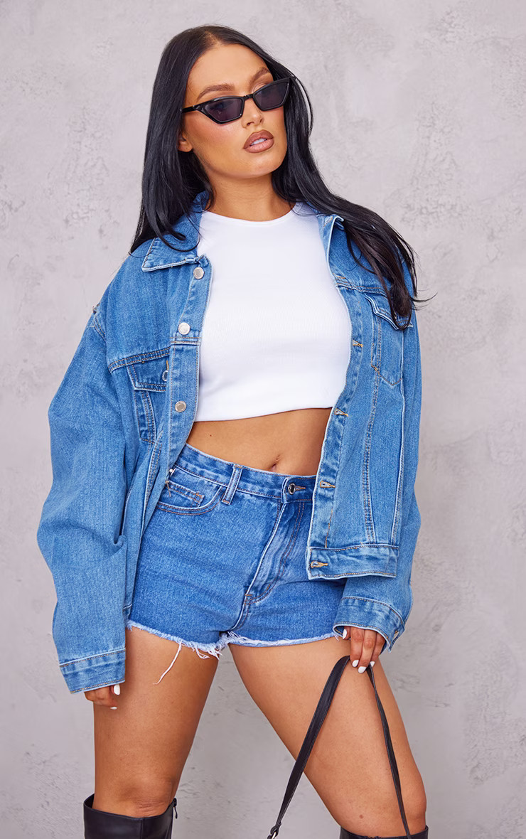 Mid Blue Wash Oversized Boyfriend Denim Jacket | PrettyLittleThing CAN